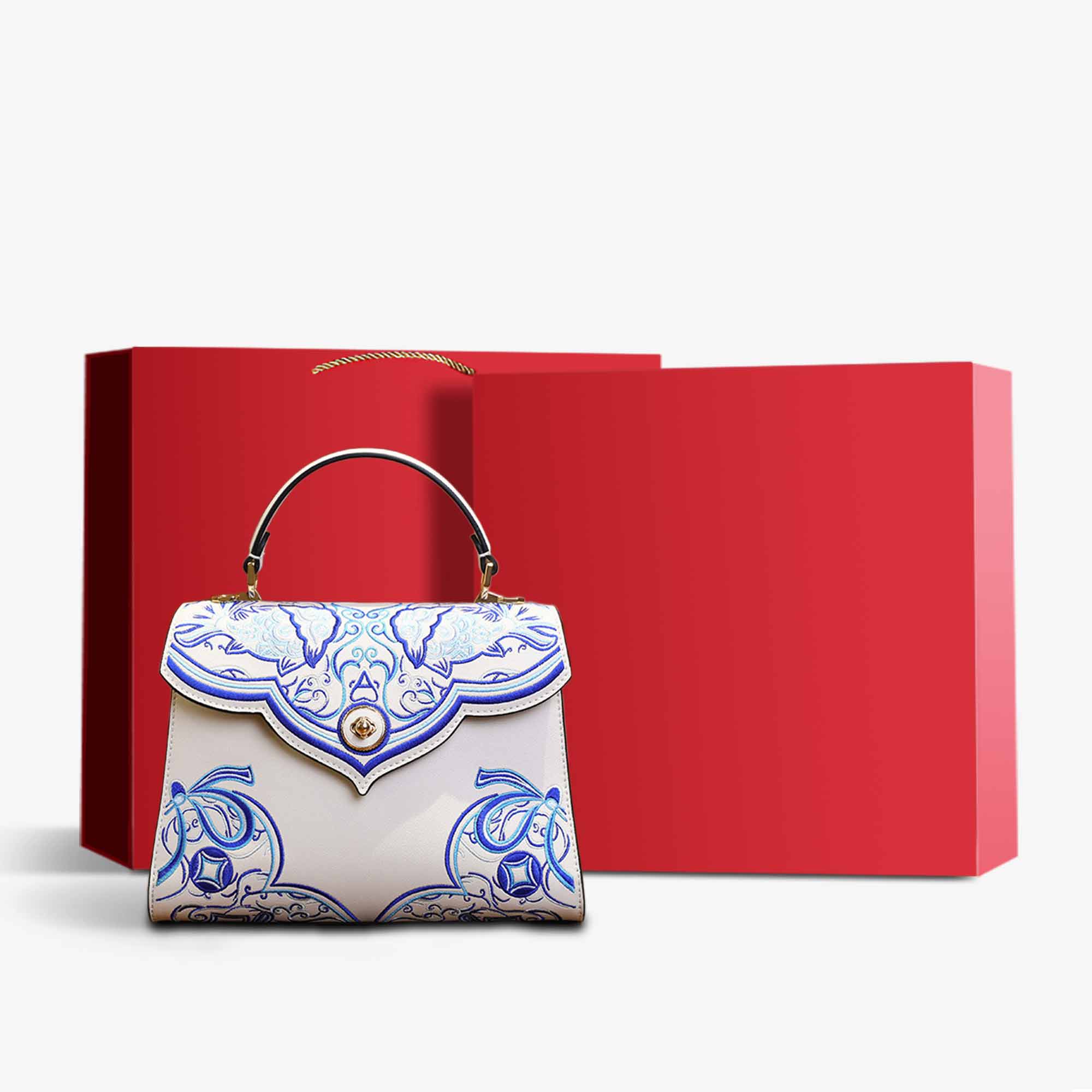 Embroidery Leather Blue Tote Bag Fortune Koi Fish and Gourd-Crossbody Bag-SinoCultural-White-Bag with Gift Box-CXXB001W-g-SinoCultural