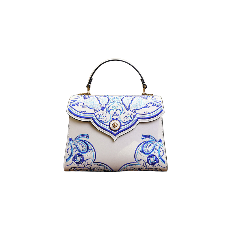 Embroidery Leather Blue Tote Bag Fortune Koi Fish Handbag - SinoCultural