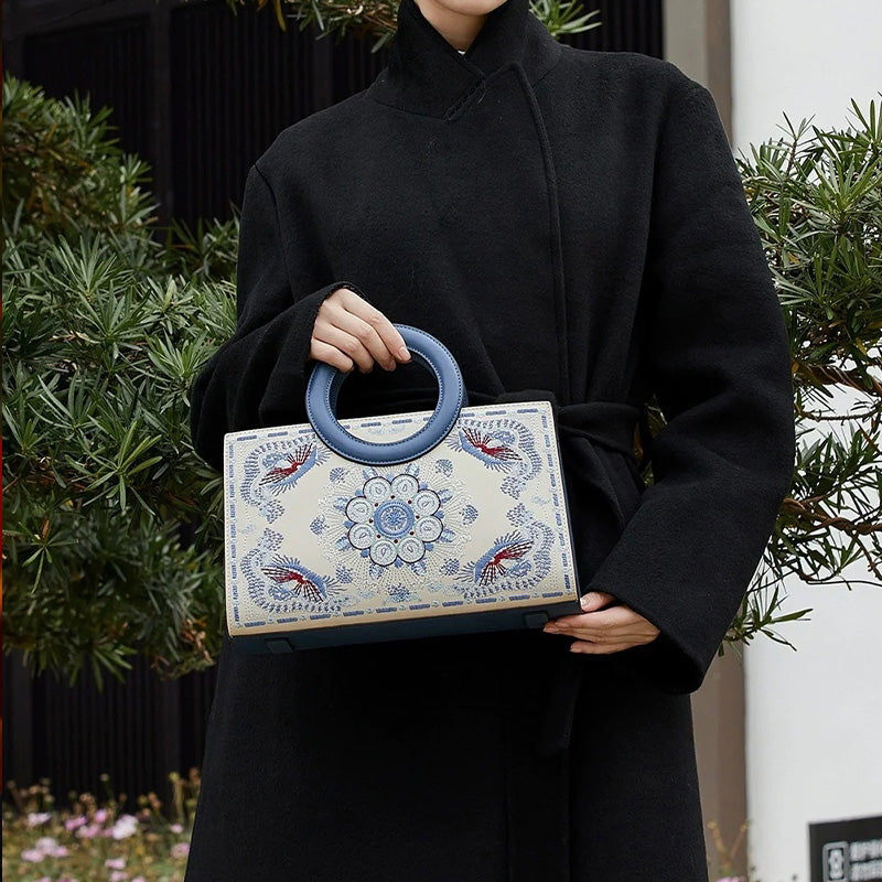 Embroidery Leather Tote Bag Traditional Classical Floral-Tote Bag-SinoCultural-SinoCultural