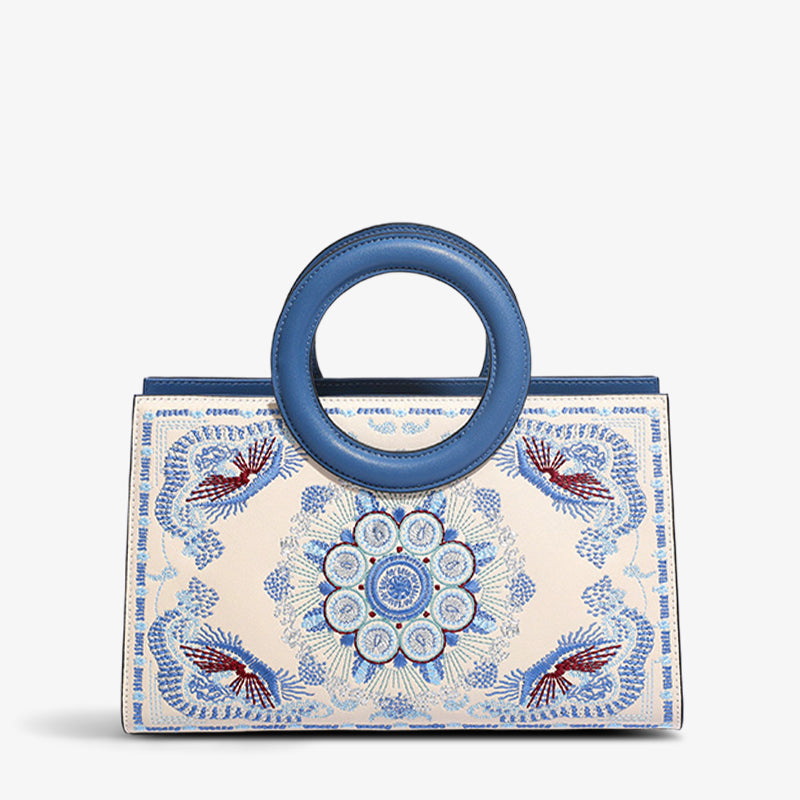 Embroidery Leather Tote Bag Traditional Classical Floral-Tote Bag-SinoCultural-Blue-Single Bag-CXXB002B-SinoCultural