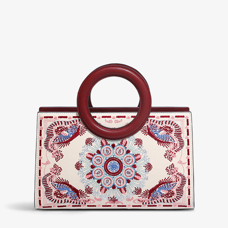 Embroidery Leather Tote Bag Traditional Classical Floral-Tote Bag-SinoCultural-Red-Single Bag-CXXB002R-SinoCultural