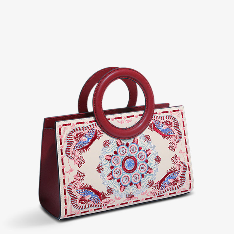 Embroidery Leather Tote Bag Traditional Classical Floral-Tote Bag-SinoCultural-SinoCultural