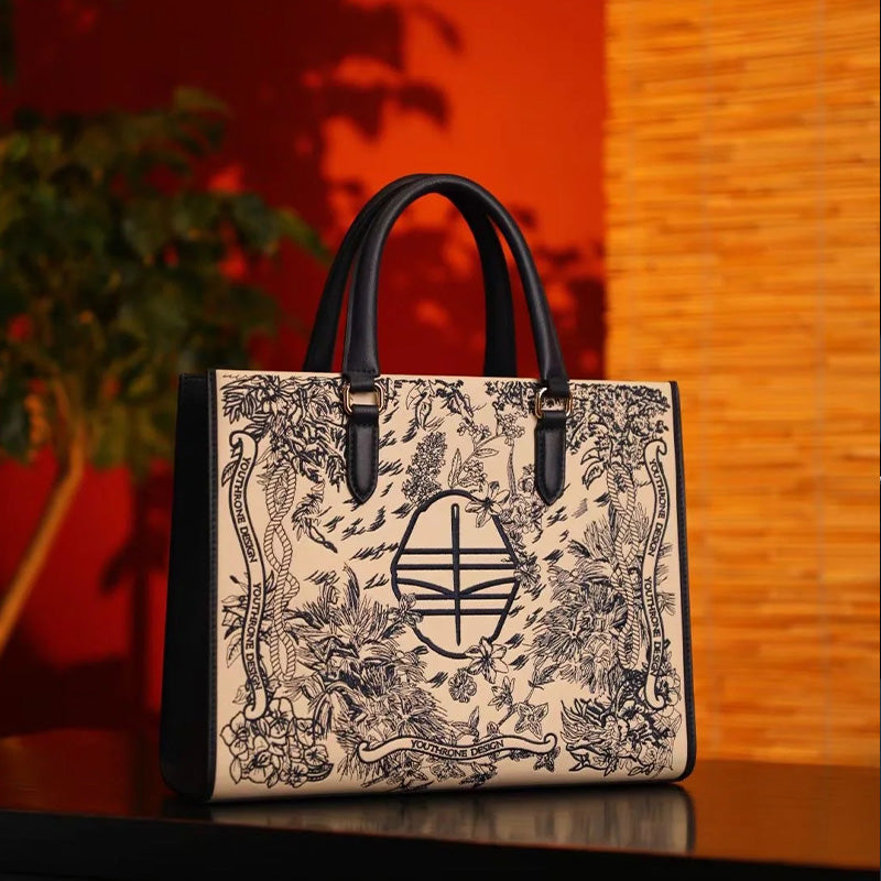 Hand Embroidery Leather Tote Bag Dream Forest-Tote Bag-SinoCultural-SinoCultural