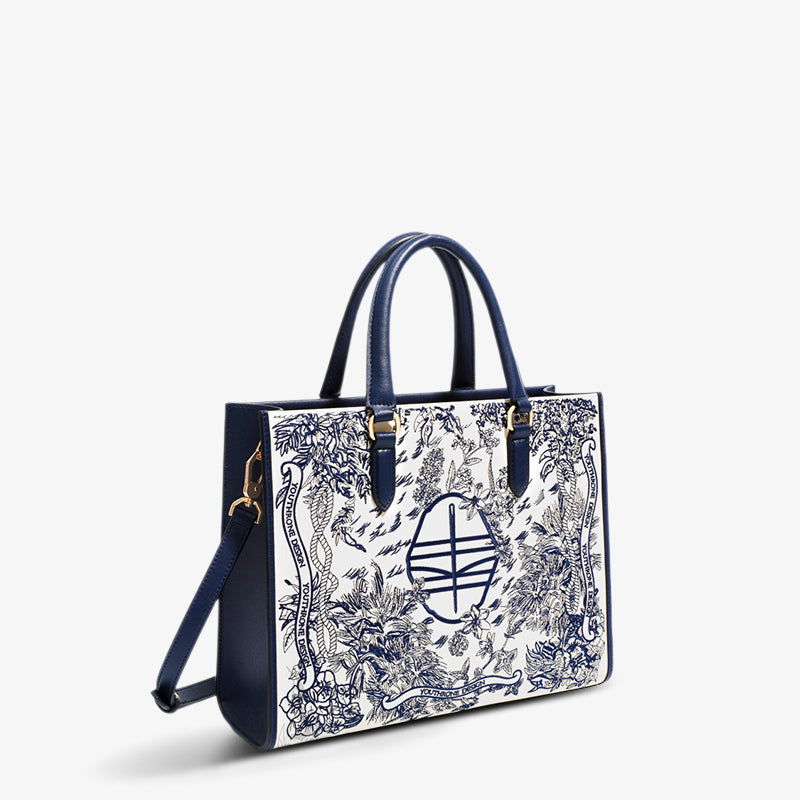 Hand Embroidery Leather Tote Bag Dream Forest-Tote Bag-SinoCultural-Blue-Single Bag-CXXB005B-SinoCultural
