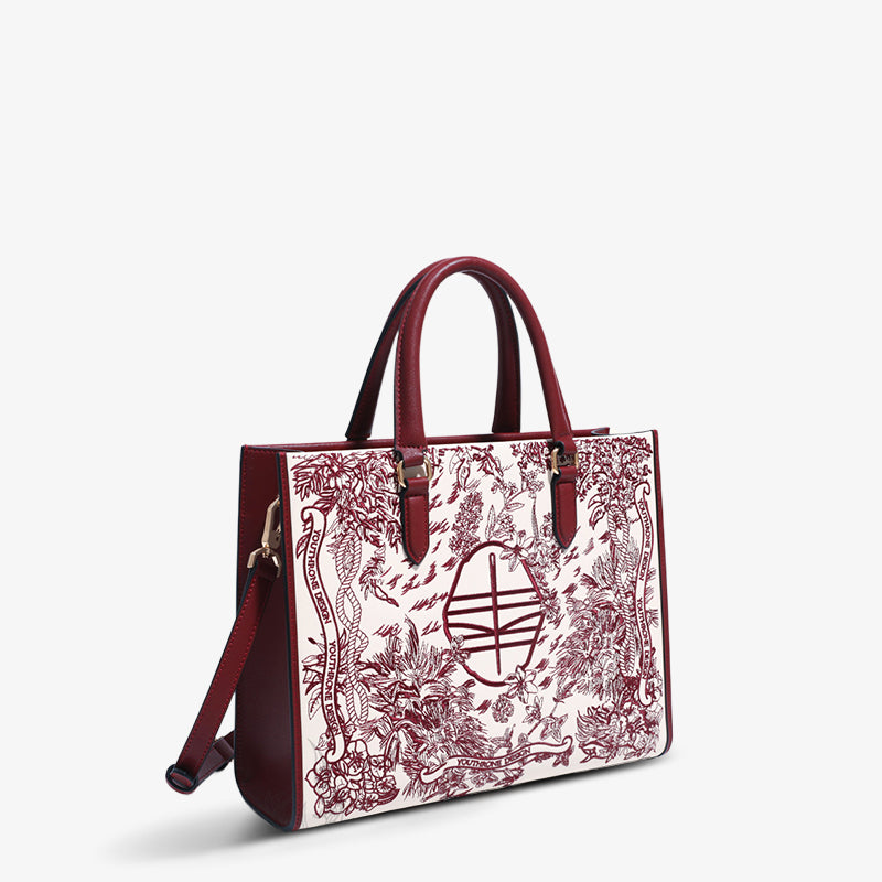 Hand Embroidery Leather Tote Bag Dream Forest-Tote Bag-SinoCultural-Red-Single Bag-CXXB005R-SinoCultural