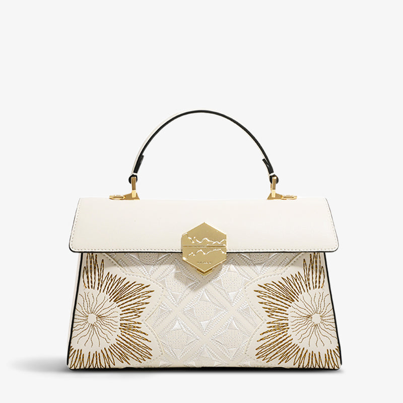 Embroidery Leather Clasp Handbag Gold Bauhinia Blossom-Crossbody Bag-SinoCultural-White-Single Bag-CXXB008W-SinoCultural