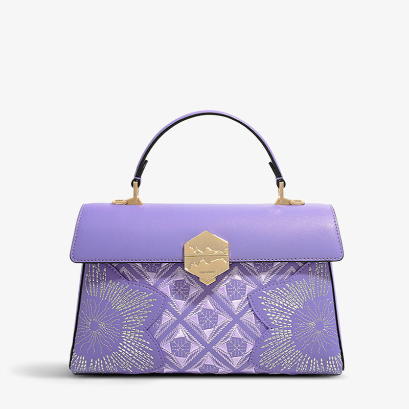 Embroidery Leather Clasp Handbag Gold Bauhinia Blossom-Crossbody Bag-SinoCultural-Purple-Single Bag-CXXB008P-SinoCultural
