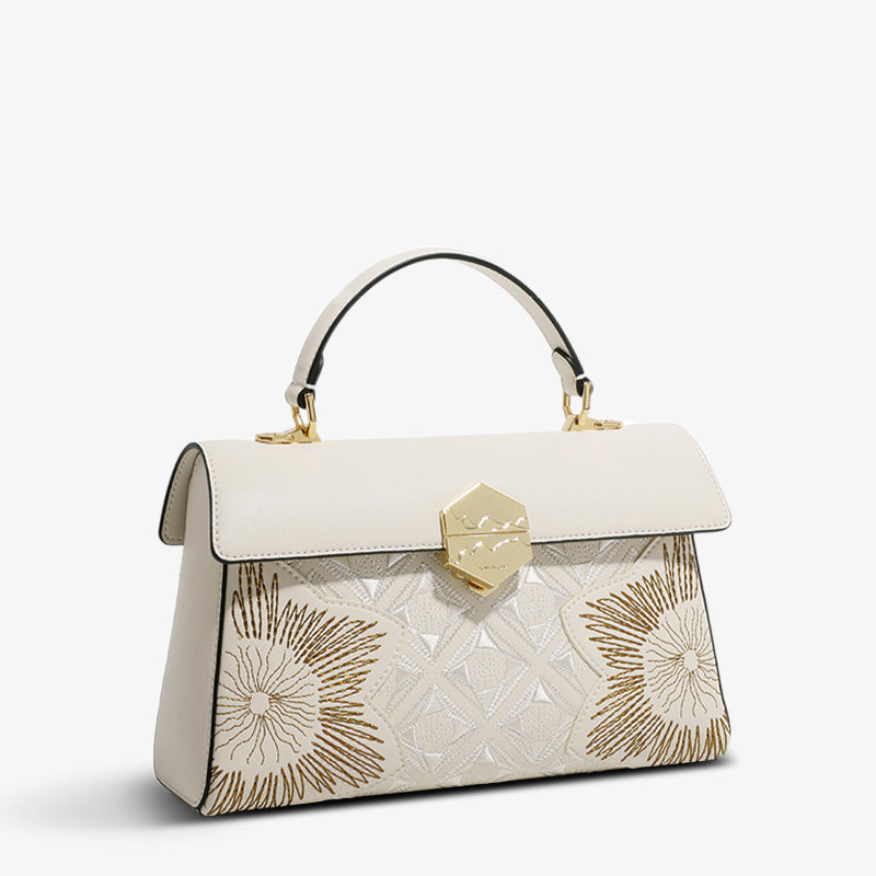 Embroidery Leather Clasp Handbag Gold Bauhinia Blossom-Crossbody Bag-SinoCultural-SinoCultural