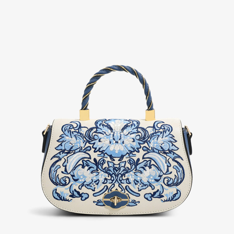 Embroidery Leather Satchel Handbag Phoenix Flower-Crossbody Bag-SinoCultural-Blue-Single Bag-CXXB009B-SinoCultural