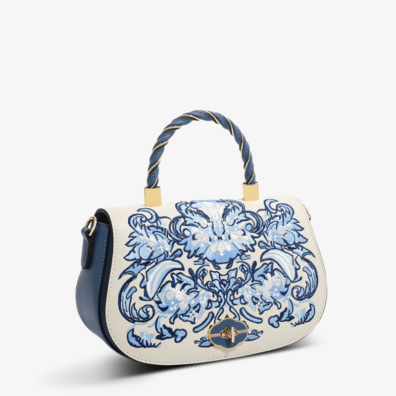 Embroidery Leather Satchel Handbag Phoenix Flower-Crossbody Bag-SinoCultural-SinoCultural
