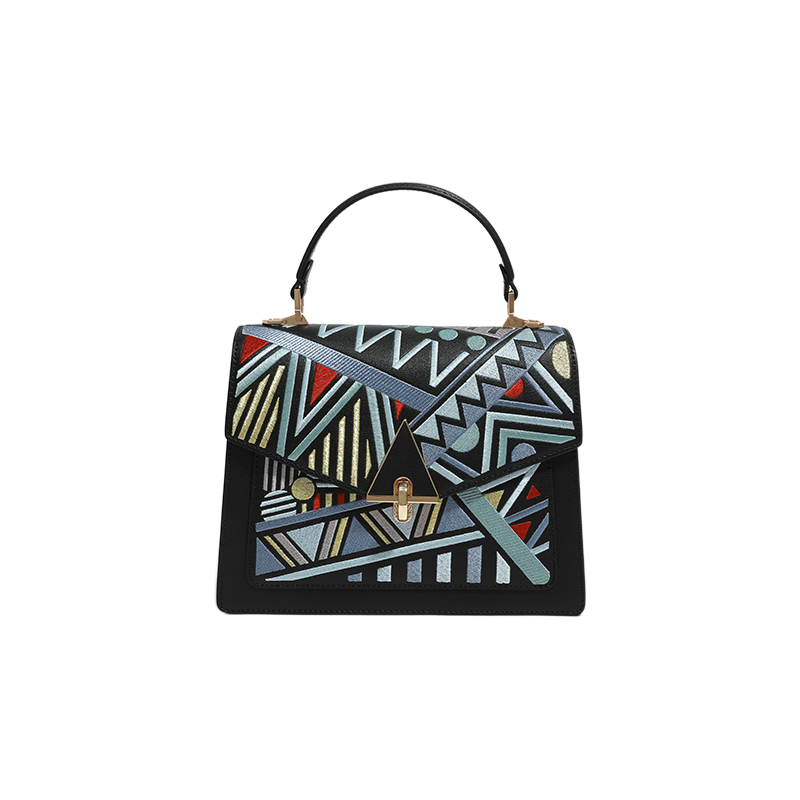 Embroidery Leather Handbag Geometry Ethnic Style - SinoCultural