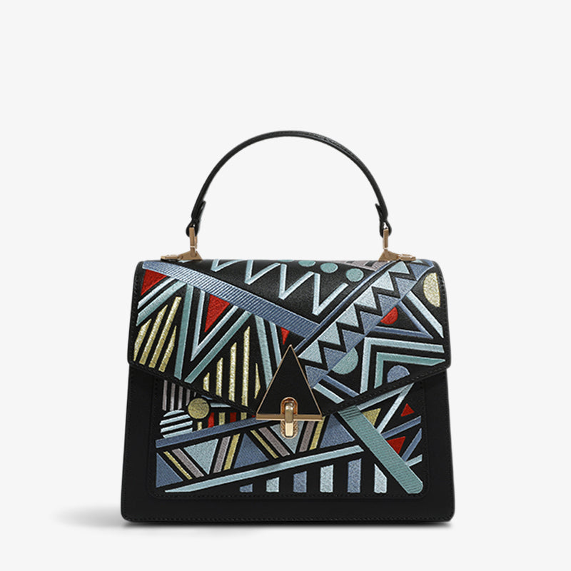 Embroidery Leather Handbag Geometry Ethnic Style-Crossbody Bag-SinoCultural-Black-Single Bag-CXXB012BK-SinoCultural