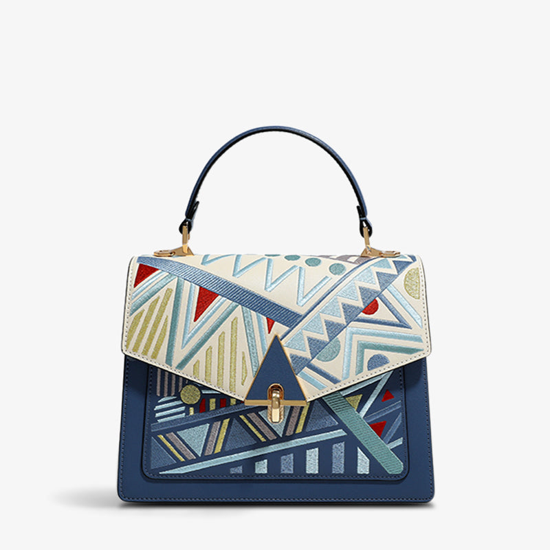 Embroidery Leather Handbag Geometry Ethnic Style-Crossbody Bag-SinoCultural-Blue-Single Bag-CXXB012B-SinoCultural