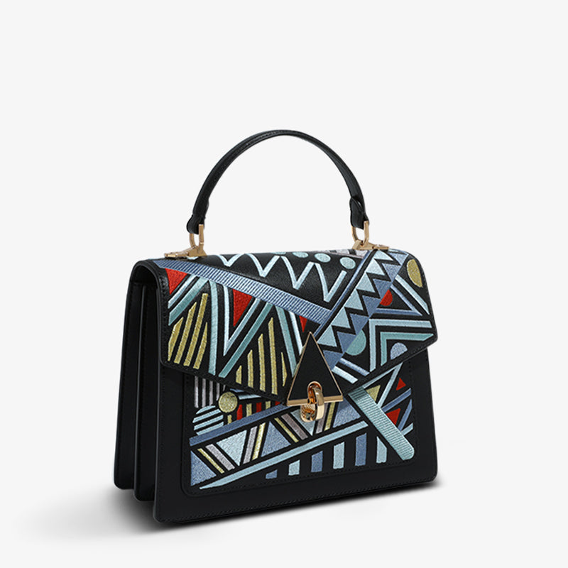 Embroidery Leather Handbag Geometry Ethnic Style-Crossbody Bag-SinoCultural-SinoCultural