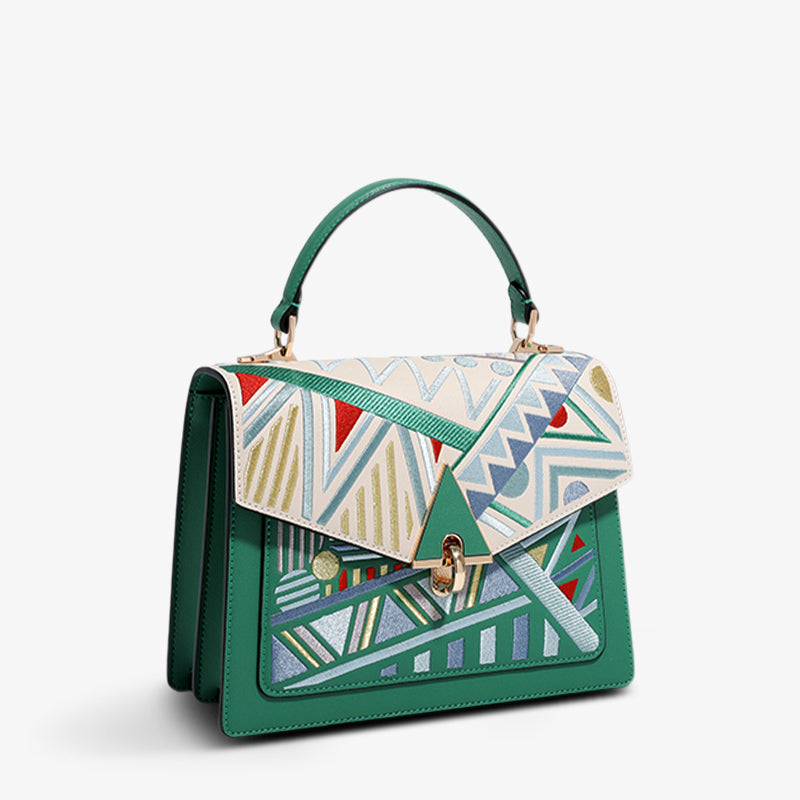 Embroidery Leather Handbag Geometry Ethnic Style-Crossbody Bag-SinoCultural-Green-Single Bag-CXXB012GN-SinoCultural