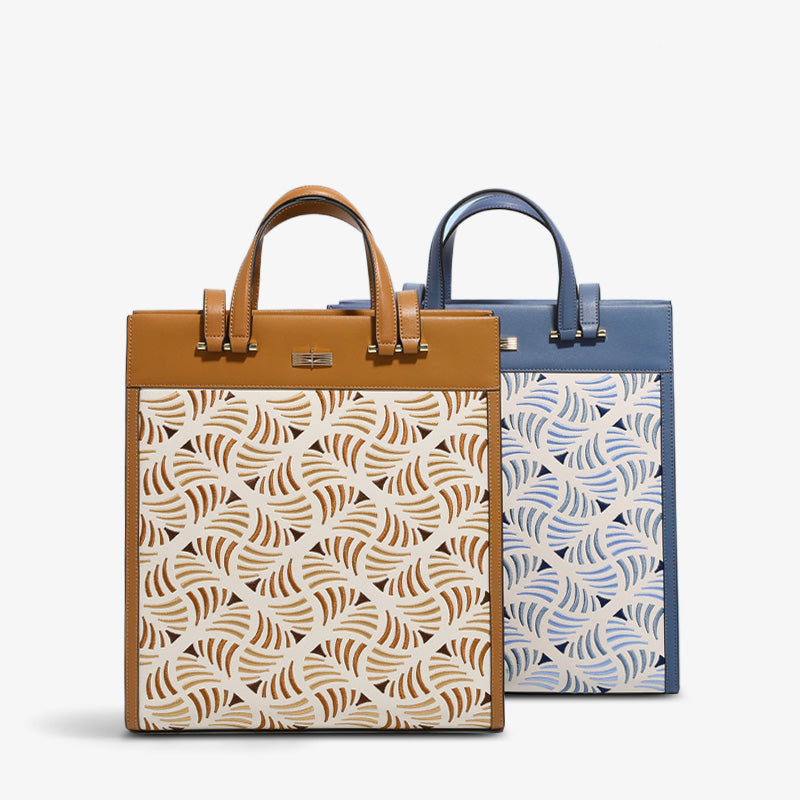 Embroidered Leather Tote Bag Wave Pattern-Tote Bag-SinoCultural-SinoCultural