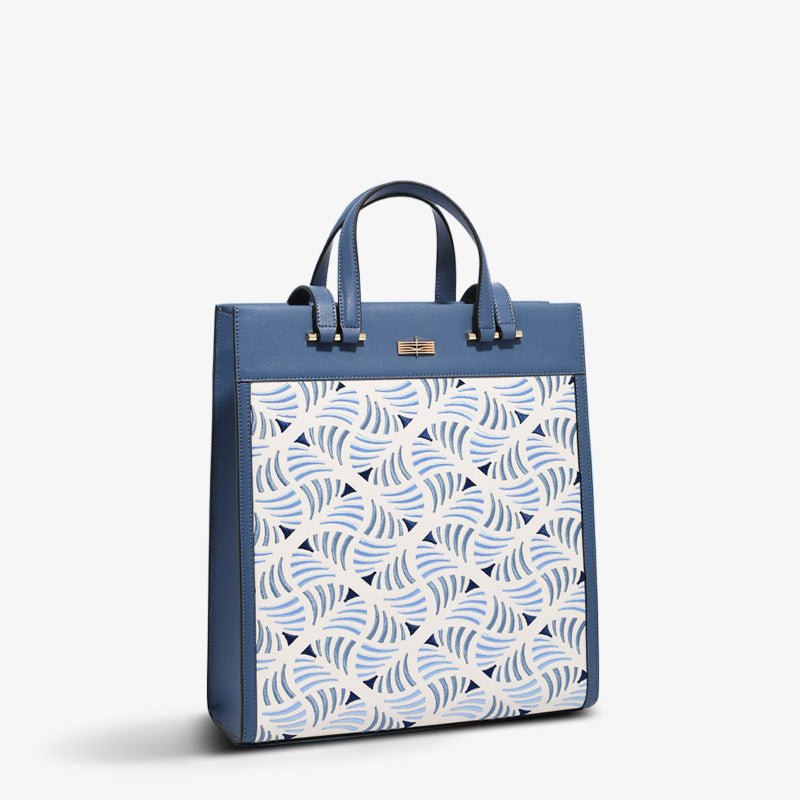 Embroidered Leather Tote Bag Wave Pattern-Tote Bag-SinoCultural-Blue-Single Bag-CXXB013B-SinoCultural