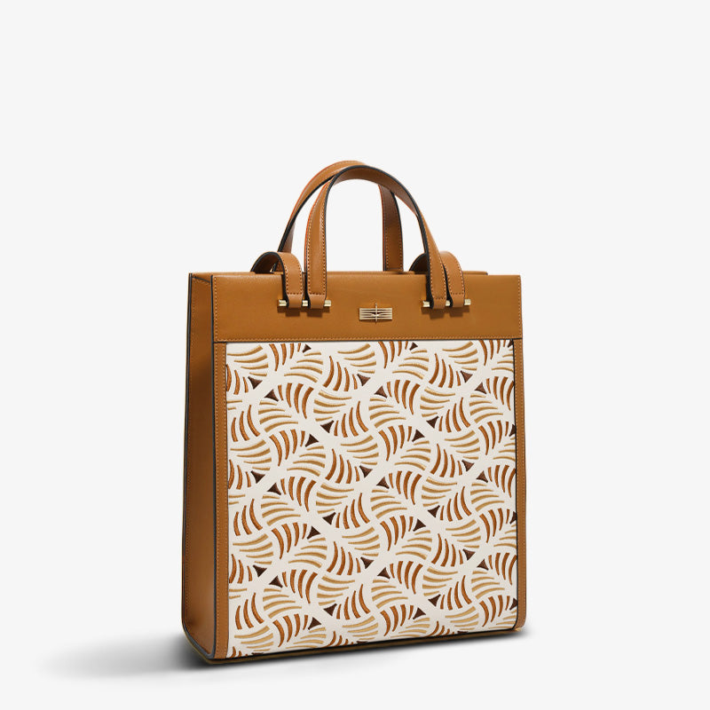 Embroidered Leather Tote Bag Wave Pattern-Tote Bag-SinoCultural-Brown-Single Bag-CXXB013K-SinoCultural