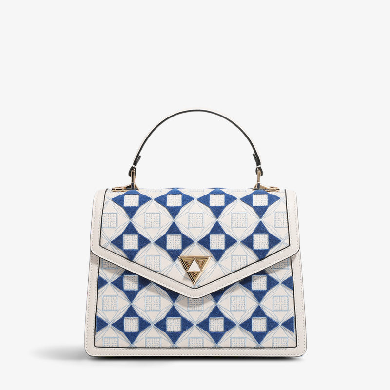 Embroidery Leather Handbag Geometry Ethnic Style-Crossbody Bag-SinoCultural-White-Single Bag-CXXB014W-SinoCultural