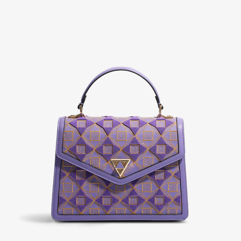 Embroidery Leather Handbag Geometry Ethnic Style-Crossbody Bag-SinoCultural-Purple-Single Bag-CXXB014P-SinoCultural