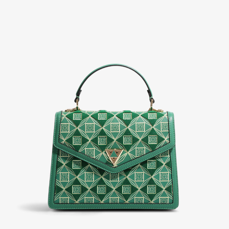 Embroidery Leather Handbag Geometry Ethnic Style-Crossbody Bag-SinoCultural-Green-Single Bag-CXXB014G-SinoCultural