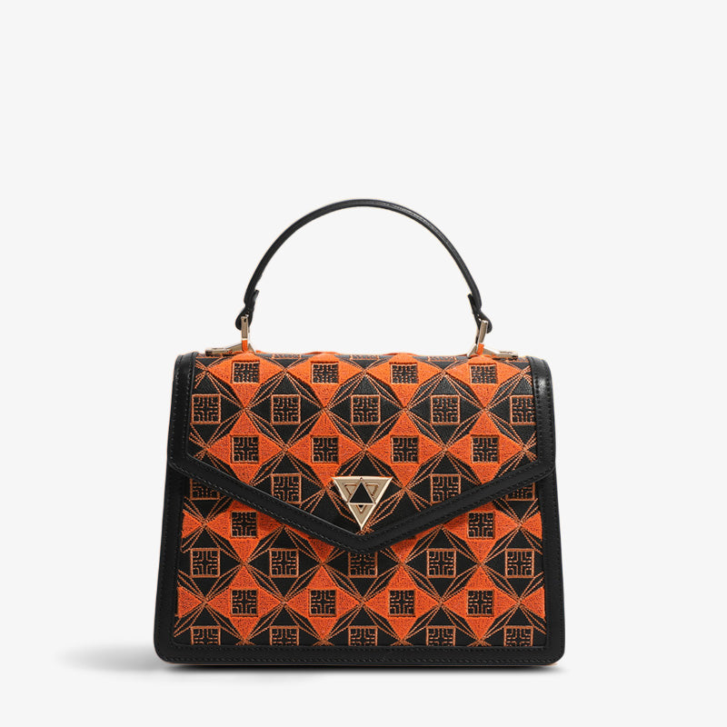 Embroidery Leather Handbag Geometry Ethnic Style-Crossbody Bag-SinoCultural-Black-Single Bag-CXXB014BK-SinoCultural