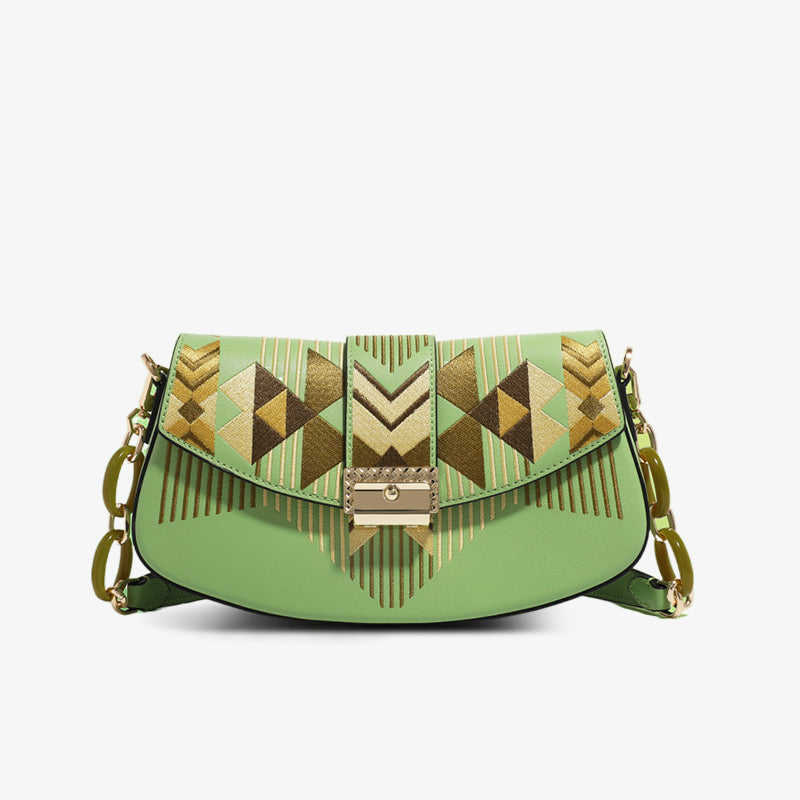 Embroidery Leather Shoulder Bag Geometric Underarm Baguette-Shoulder Bag-SinoCultural-Green-Single Bag-CXXB015GN-SinoCultural