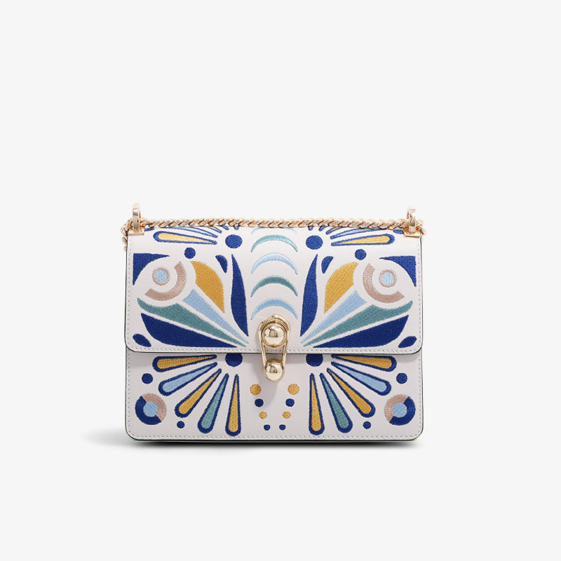 Embroidery Leather Chain Flap Bag Butterfly-Shoulder Bag-SinoCultural-White-Single Bag-CXXB016W-SinoCultural