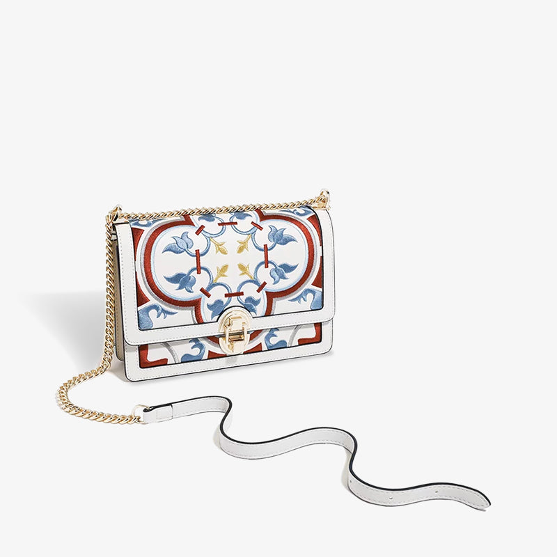 Embroidery Leather Chain Shoulder Bag White Porcelain Floral-Shoulder Bag-SinoCultural-SinoCultural
