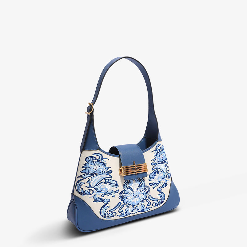 Embroidery Leather Shoulder Bag Original Poinciana-Shoulder Bag-SinoCultural-Blue-Single Box-CXXB022B-SinoCultural