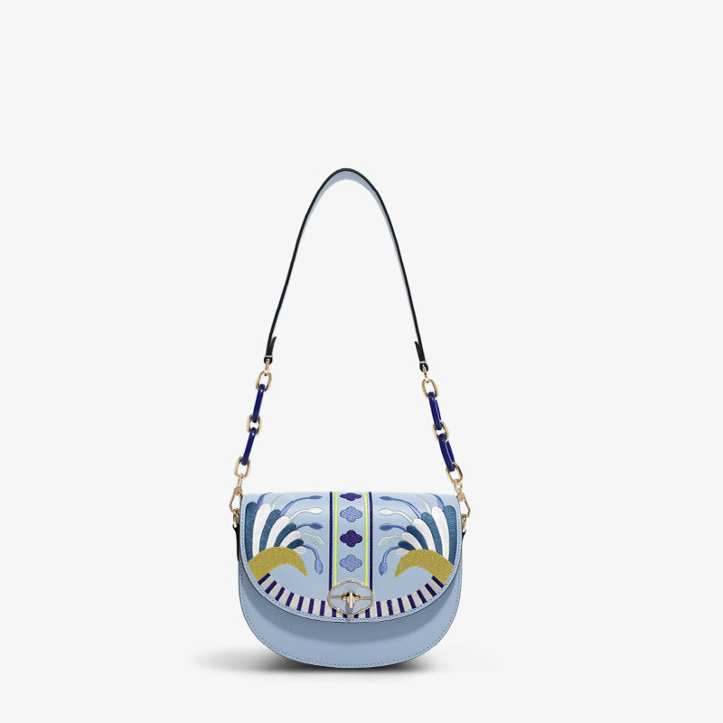 Embroidery Leather Saddle Flap Bag Phoenix-Shoulder Bag-SinoCultural-Blue-Single Bag-CXXB024B-SinoCultural