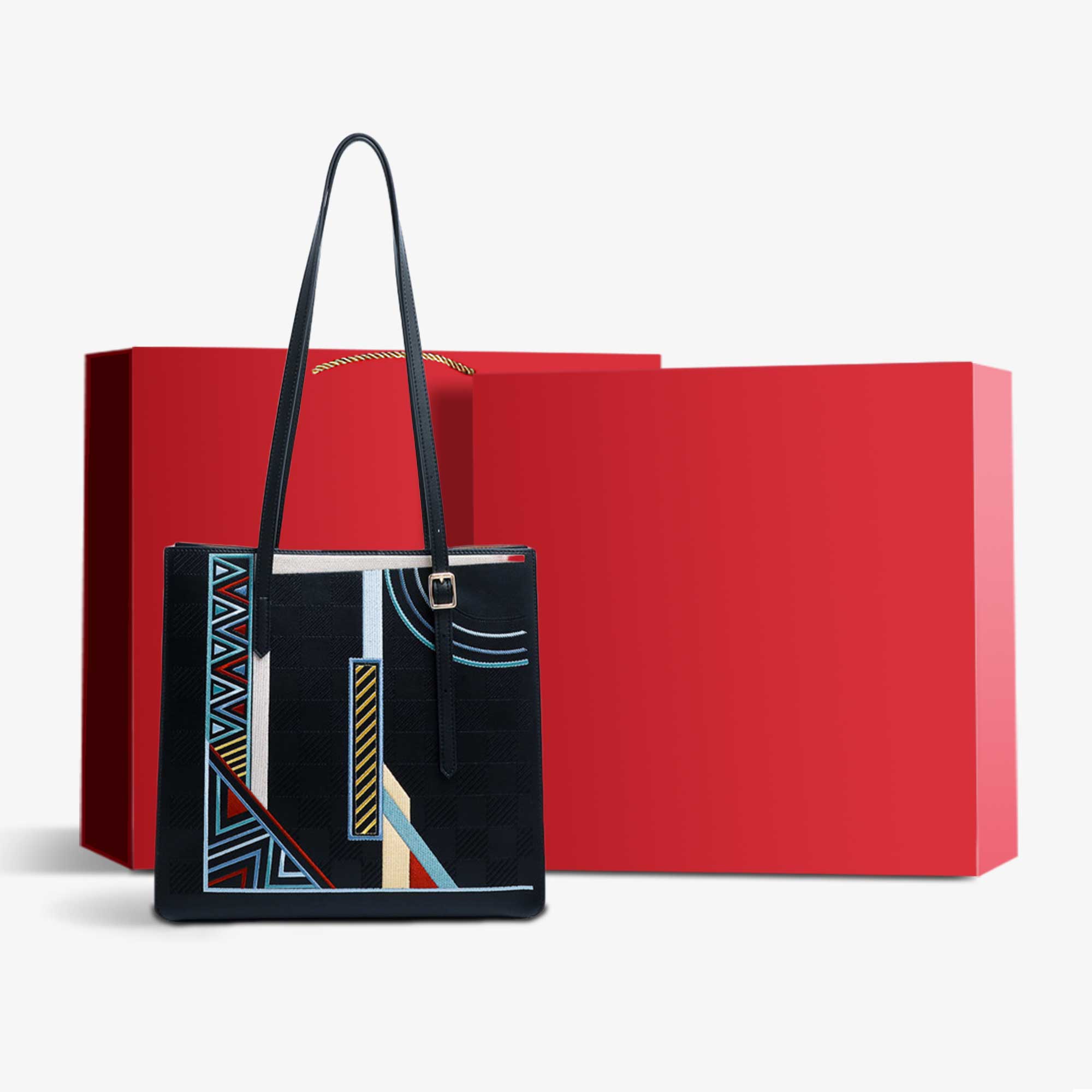 Embroidery Leather Shoulder Tote Bag Geometric