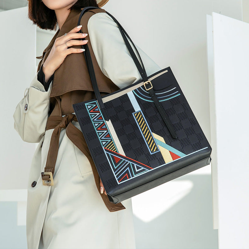 Embroidery Leather Shoulder Tote Bag Geometric-Shoulder Bag-SinoCultural-SinoCultural