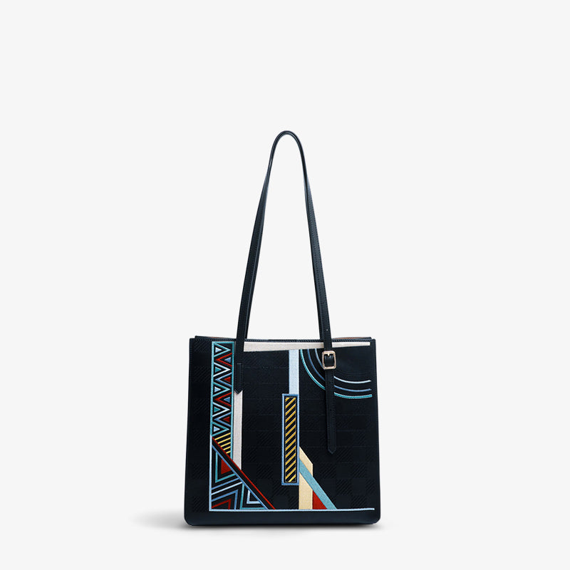 Embroidery Leather Shoulder Tote Bag Geometric-Shoulder Bag-SinoCultural-Black-Single Bag-CXXB026BK-SinoCultural