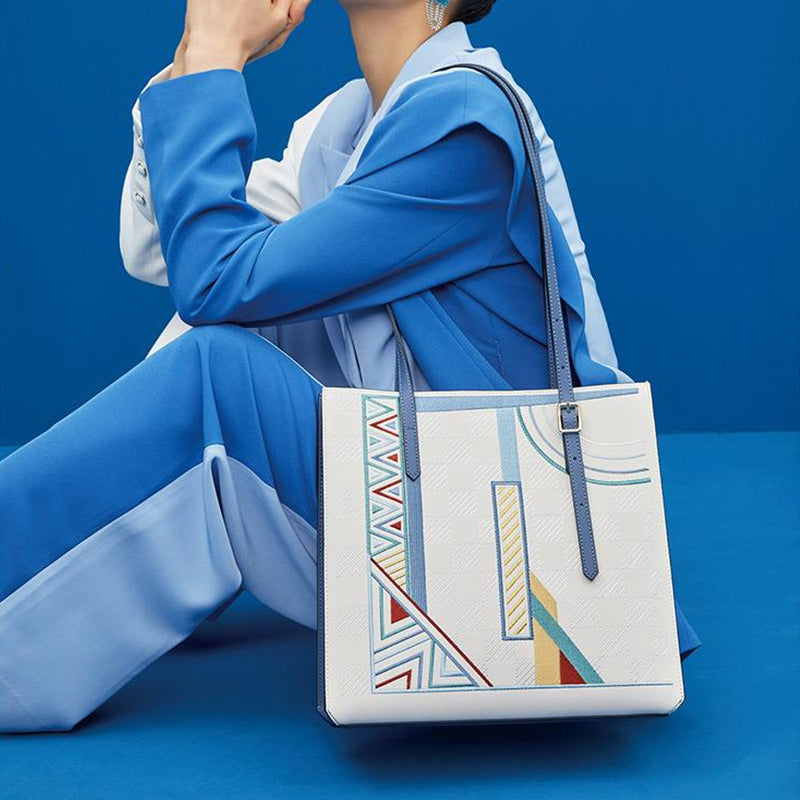 Embroidery Leather Shoulder Tote Bag Geometric-Shoulder Bag-SinoCultural-SinoCultural