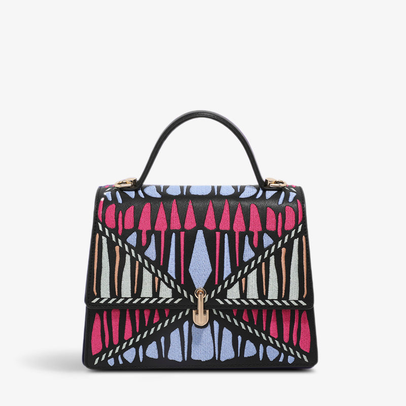 Embroidery Leather Flap Bag Classic Geometry-Crossbody Bag-SinoCultural-Black-Single Bag-CXXB028BK-SinoCultural