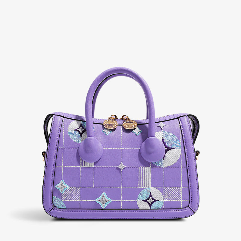 Embroidery Leather Boston Bag Dream Purple Stars-Crossbody Bag-SinoCultural-Purple-Single Bag-CXXB029PR-SinoCultural