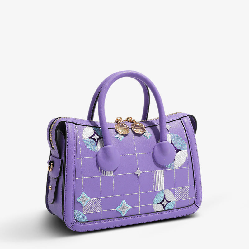Embroidery Leather Boston Bag Dream Purple Stars-Crossbody Bag-SinoCultural-SinoCultural