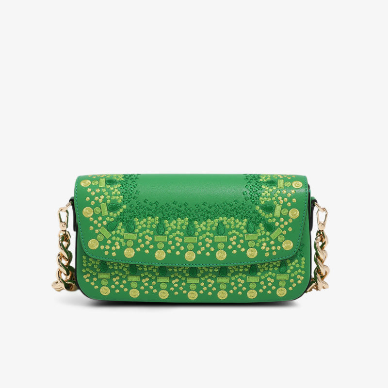 Embroidery Leather Baguette Bag Blossoming Meadows-Shoulder Bag-SinoCultural-Green-Single Bag-CXXB030GN-SinoCultural
