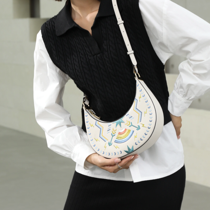 Embroidery Leather Crescent Single-Shoulder Bag-Shoulder Bag-SinoCultural-SinoCultural