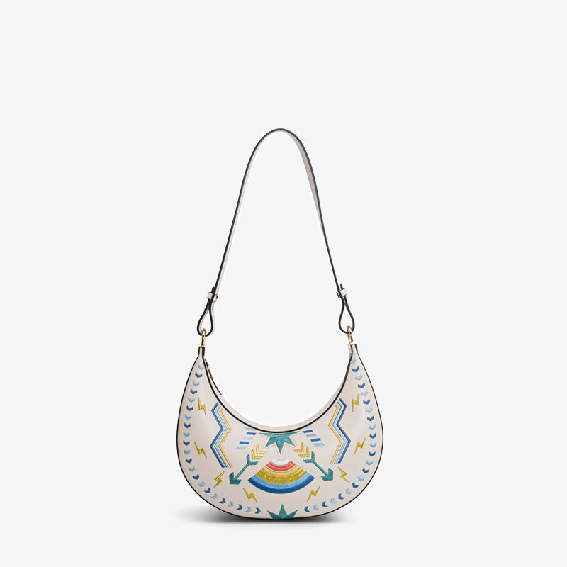 Embroidery Leather Crescent Single-Shoulder Bag-Shoulder Bag-SinoCultural-White-Single Bag-CXXB032W-SinoCultural
