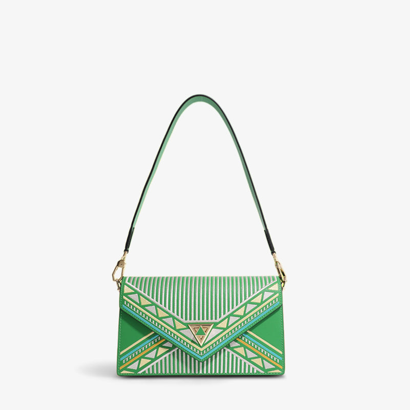 Embroidery Leather Shoulder Handbag Geometry Ethnic Style-Shoulder Bag-SinoCultural-Green-Single Bag-CXXB033GN-SinoCultural