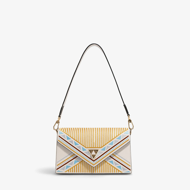 Embroidery Leather Shoulder Handbag Geometry Ethnic Style-Shoulder Bag-SinoCultural-White-Single Bag-CXXB033W-SinoCultural