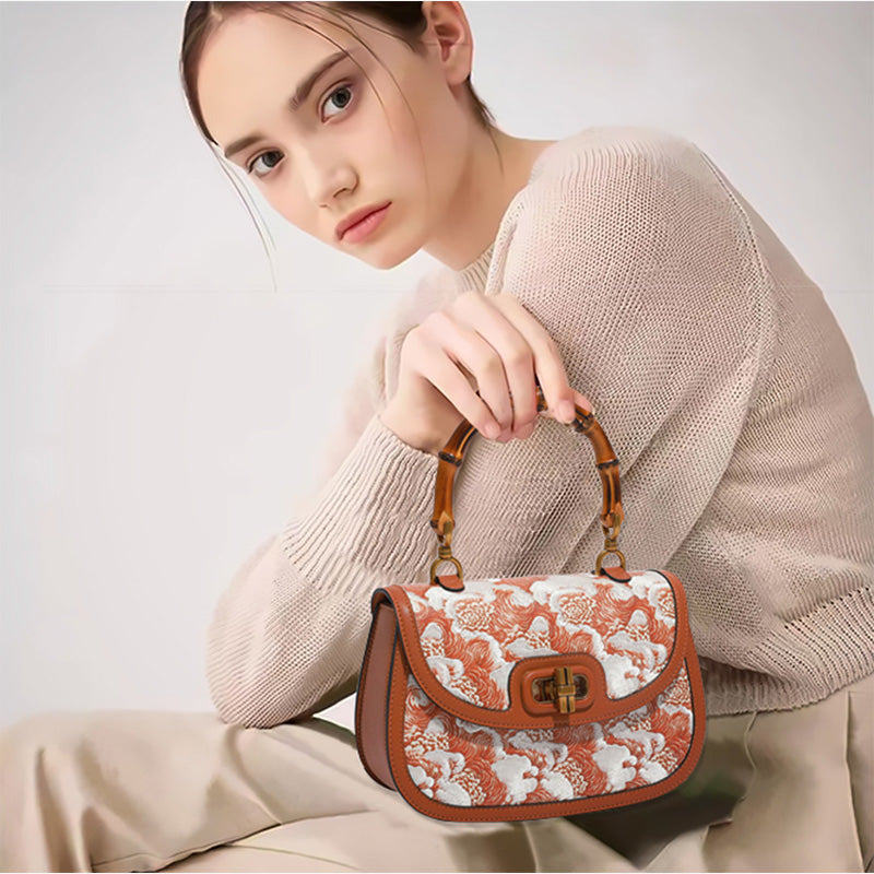 Embroidery Leather Clouds Bamboo Handle Handbag
