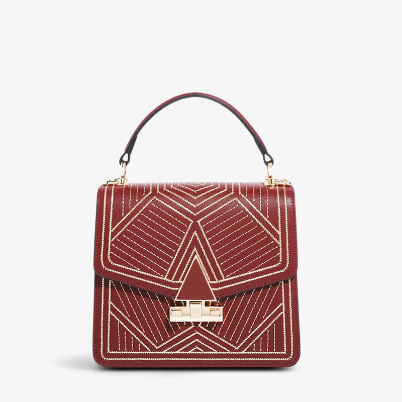 Embroidery Leather Square Bag Urban Chic Elegance Line-Crossbody Bag-SinoCultural-Red-Single Bag-CXXB035R-SinoCultural