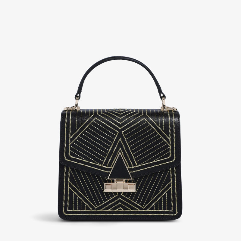 Embroidery Leather Square Bag Urban Chic Elegance Line-Crossbody Bag-SinoCultural-Black-Single Bag-CXXB035BK-SinoCultural