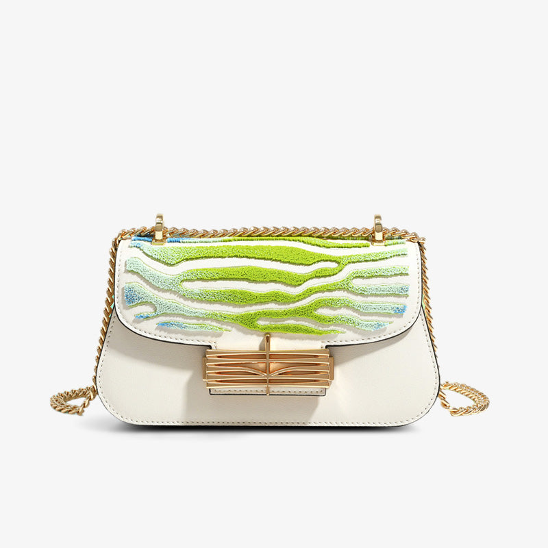Embroidery Leather Coral Chain Baguette Bag-Shoulder Bag-SinoCultural-Green-Single Bag-CXXB036GN-SinoCultural