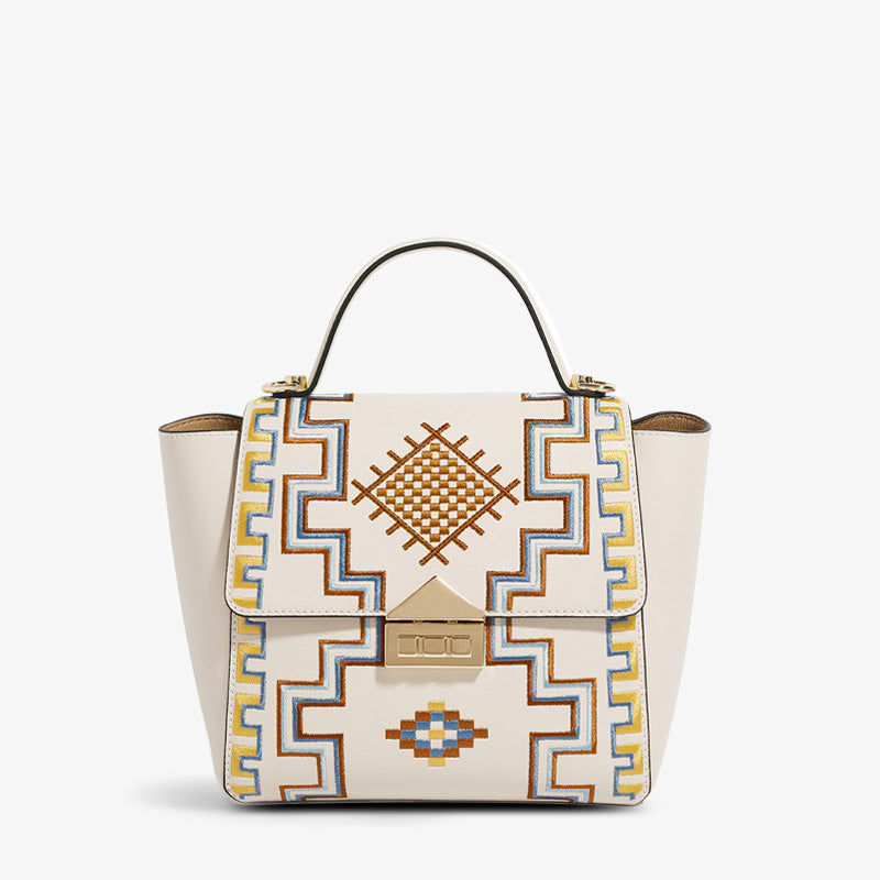 Embroidery Leather Belt Bag Great Wall Chessboard Celine-Tote Bag-SinoCultural-White-Single Bag-CXXB038W-SinoCultural