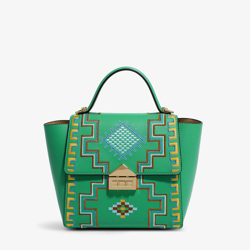 Embroidery Leather Belt Bag Great Wall Chessboard Celine-Tote Bag-SinoCultural-Green-Single Bag-CXXB038GN-SinoCultural