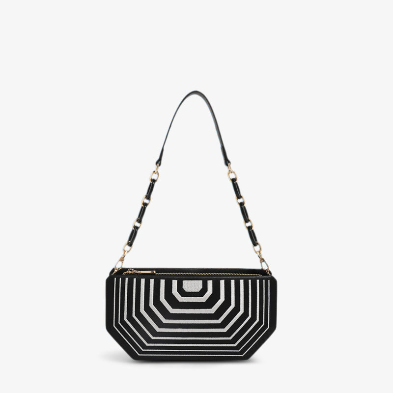 Embroidery Geometry Chain Flap Shoulder Bag-Shoulder Bag-SinoCultural-Black-Single Bag-CXXB041BK-SinoCultural